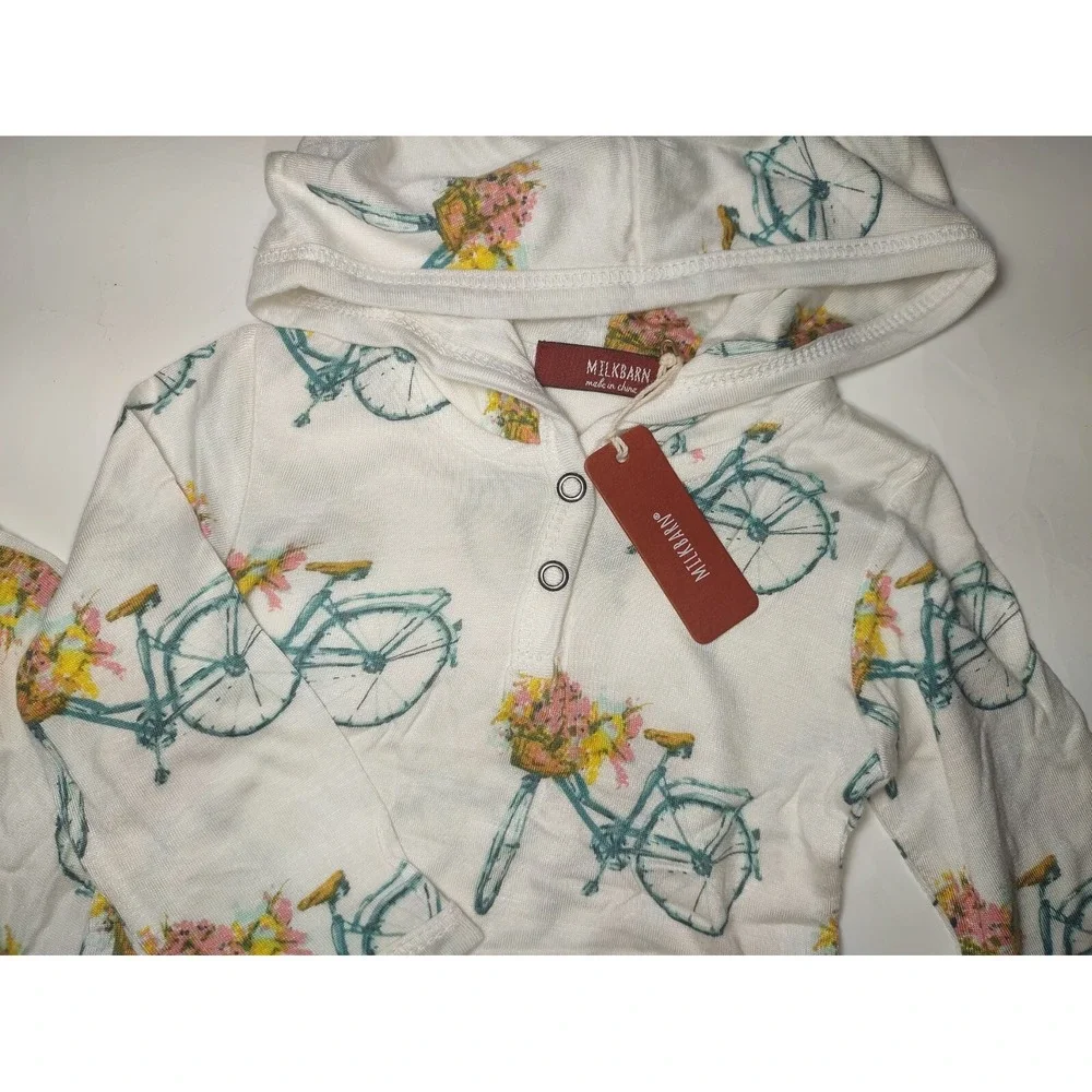 MilkBarn Hooded Romper‎ 3 6 Mos Rayon Bamboo Bicycle Bike Outfit Girl Flowers